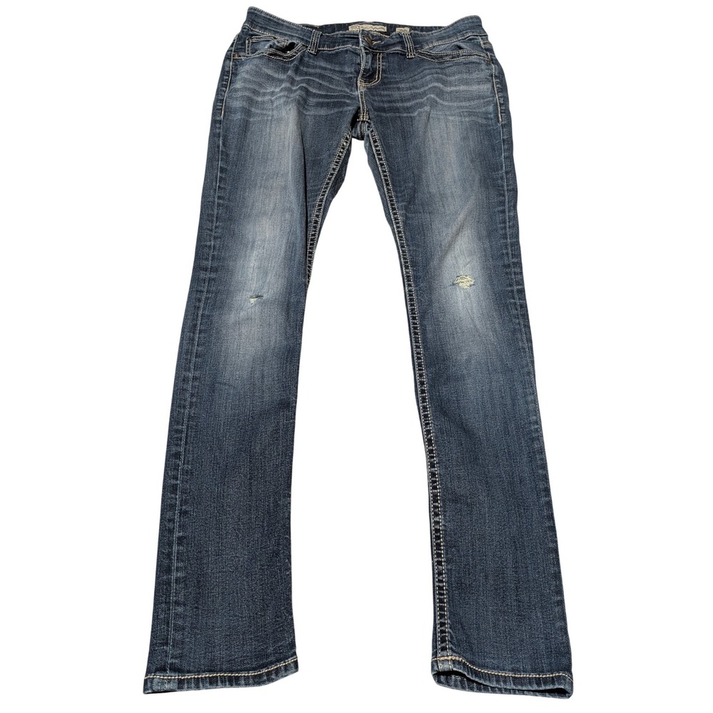 BKE Jeans Women 30R Blue Sabrina Straight Leg Mid Rise Stretch Distressed Y2K